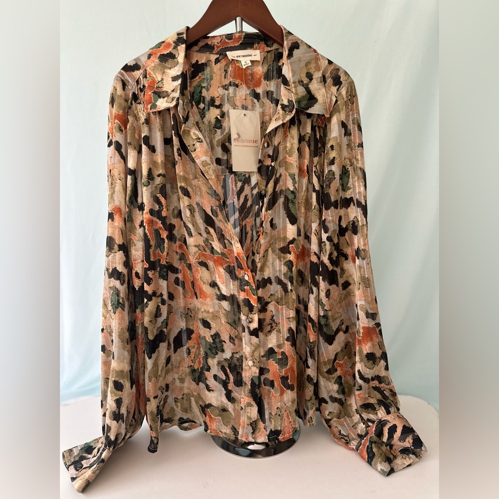 NWT Ecossome Gold Camouflage Button-Up Work Blouse Size Medium